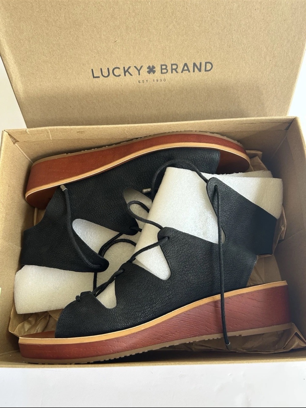 Lucky Brand Hipsta Low Wedge Sandal Black Leather Lace-Up Open Toe Wedge 9.5 M